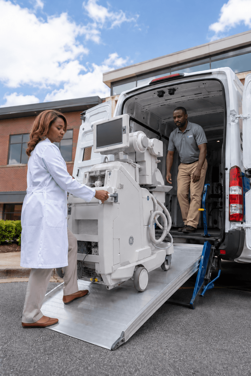Healthcare worker beside a mobile scan unit