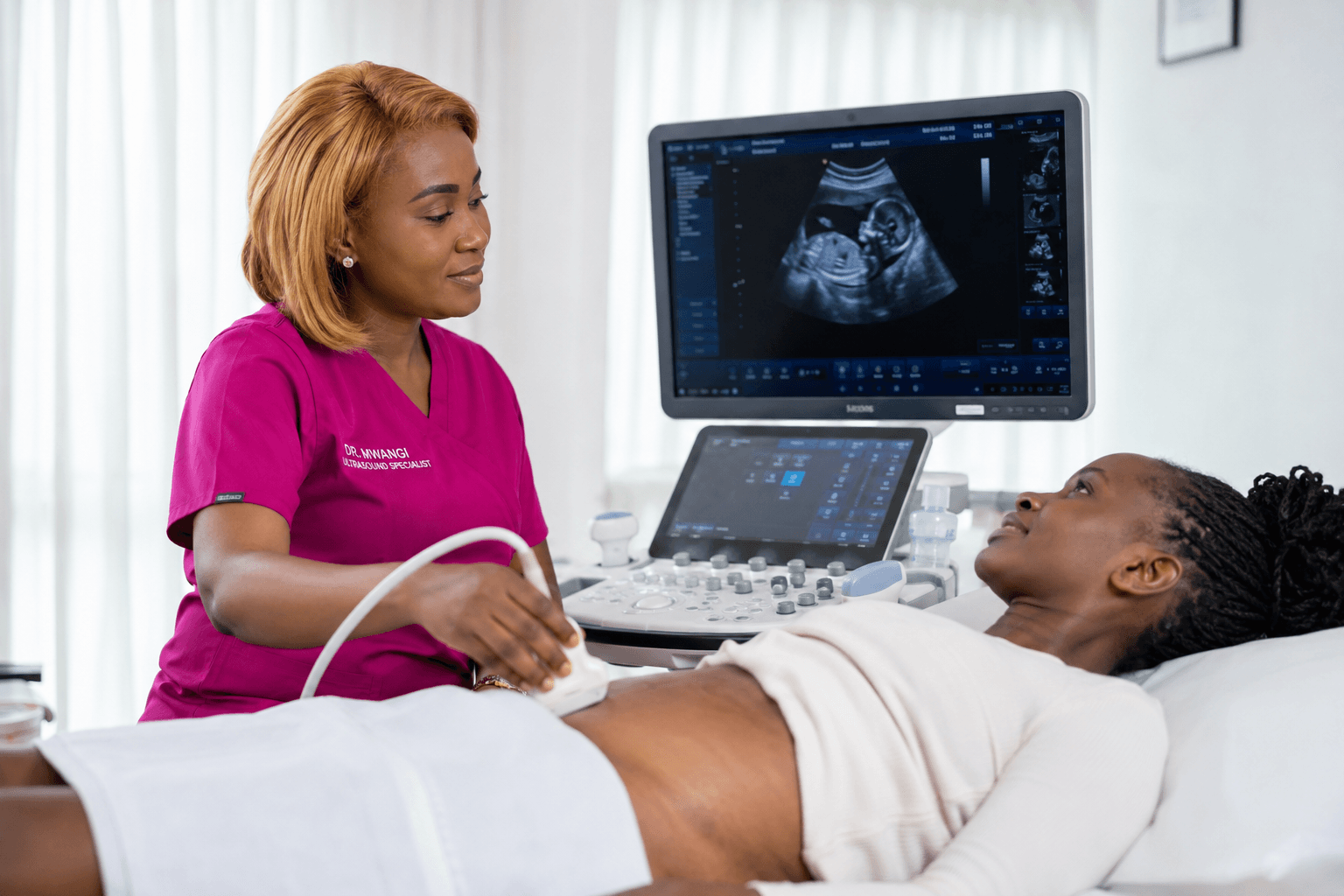 Sonographer supporting a patient during an ultrasound examination